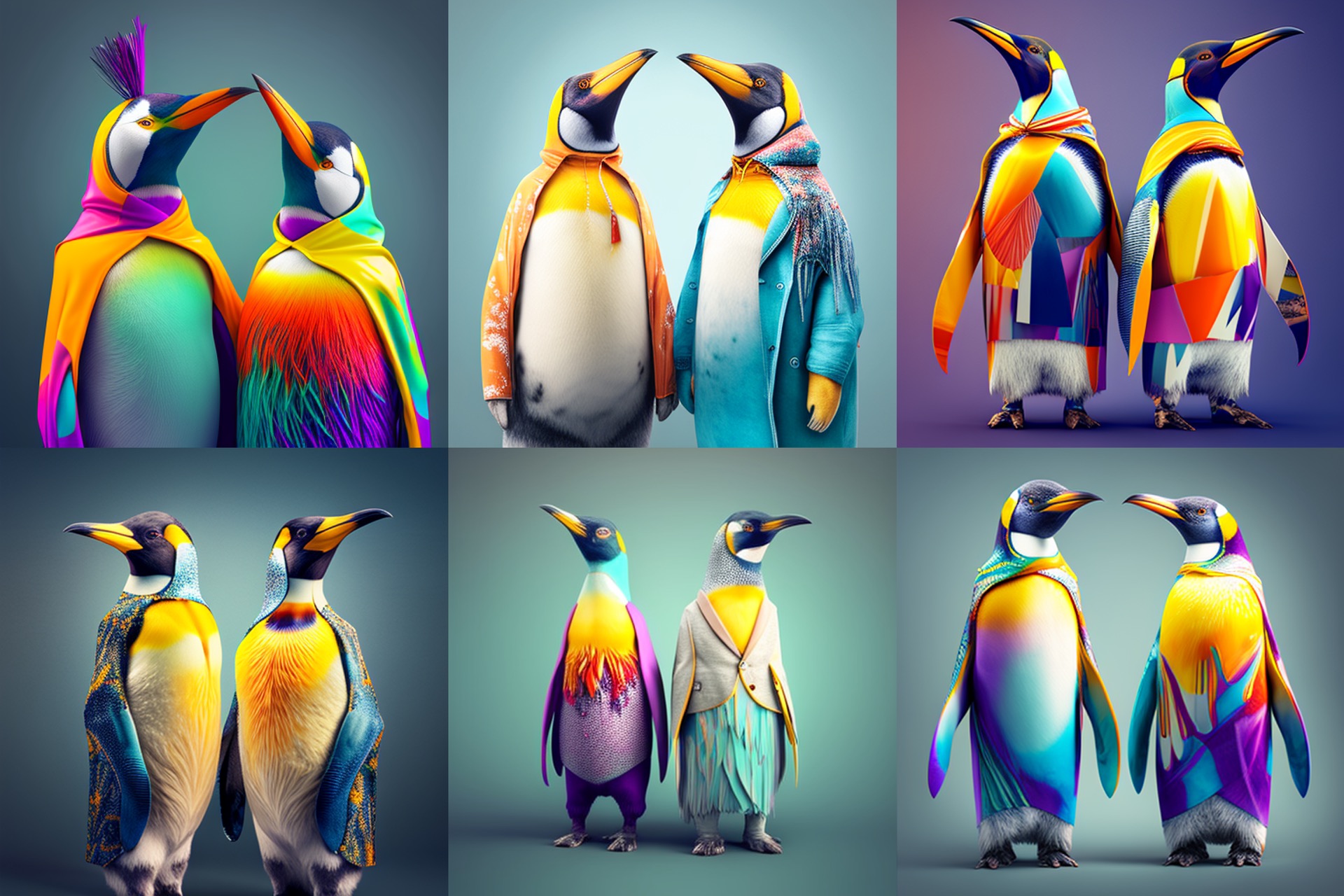 Collage 2 pinguini G&G elaborati con l'AI generativa di Midjourney basato sui prompt ideati da Sergio Curadi Naumann ispirati alla moda e ai colori
