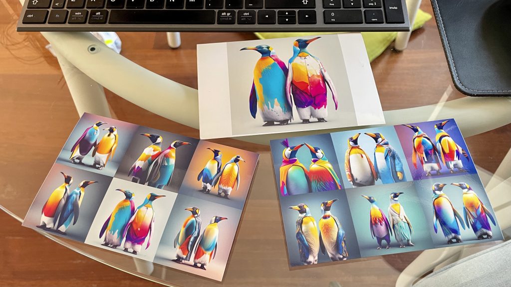 Stampe in formato cartolina dei 2 pinguini G&G elaborati con l'AI generativa di Midjourney basato sui prompt ideati da Sergio Curadi Naumann ispirati alla moda e ai colori